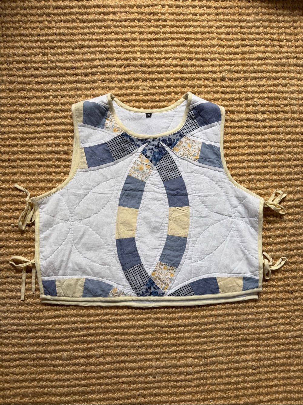 Quilted Patchwork Sleeveless Top in White, Blue & Yellow